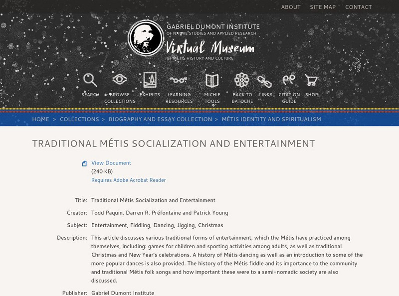Virtual Museum of Metis History and Culture: Metis Socialization & Entertainment Handout Virtual Museum of Metis History and Culture: Metis Socialization & Entertainment Handout