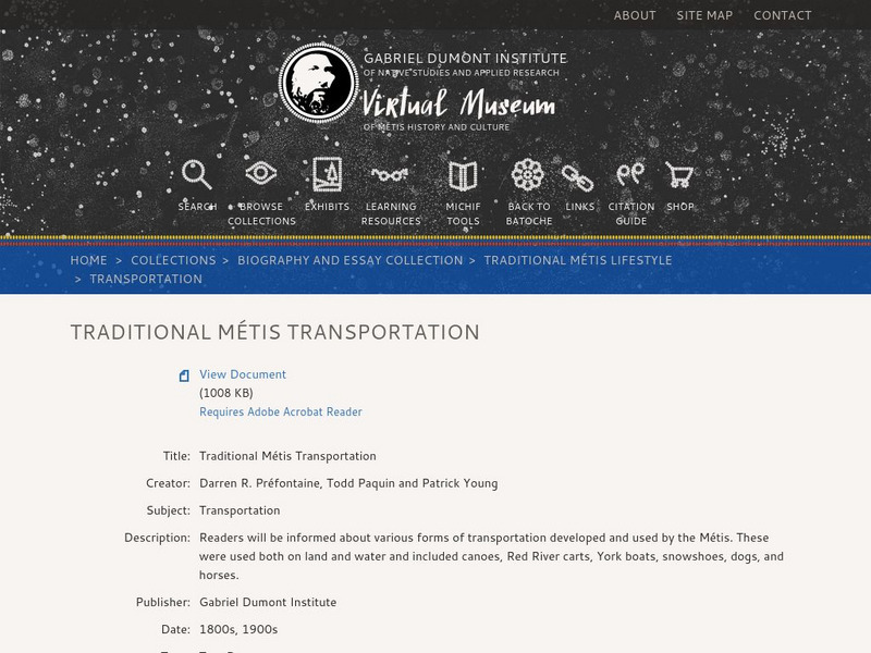 Virtual Museum of Metis History and Culture: Traditional Metis Transportation Handout Virtual Museum of Metis History and Culture: Traditional Metis Transportation Handout
