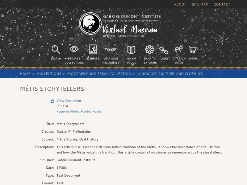 Virtual Museum of Metis History and Culture: Metis Storytellers Unit Plan Virtual Museum of Metis History and Culture: Metis Storytellers Unit Plan