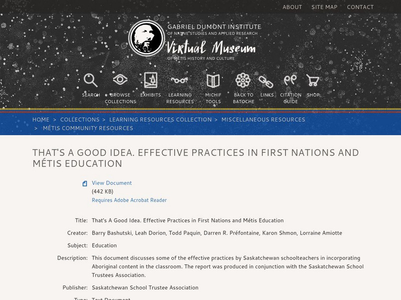 Virtual Mus. Of Metis Hist. And Cult.: That's a Good Idea Effective Practices Handout