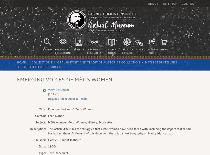 Virtual Museum of Metis History and Culture: Metis Women Handout