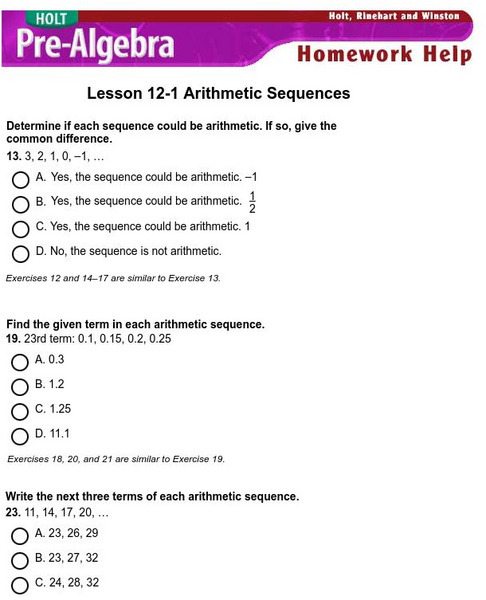 Holt, Rinehart and Winston: Homework Help Independent Practice: Arithmetic Sequences Unknown Type Holt, Rinehart and Winston: Homework Help Independent Practice: Arithmetic Sequences Unknown Type