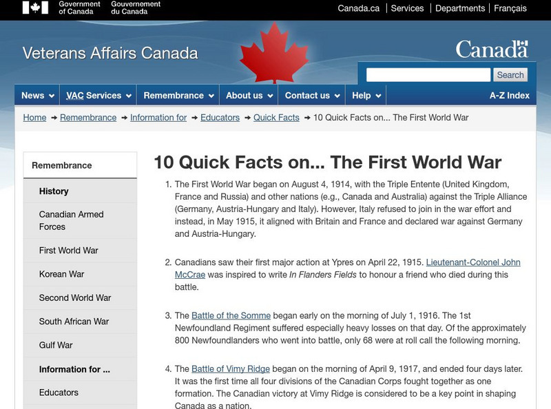 Veterans Affairs Canada: Facts on Canada's Involvement in the First World War Website Veterans Affairs Canada: Facts on Canada's Involvement in the First World War Website