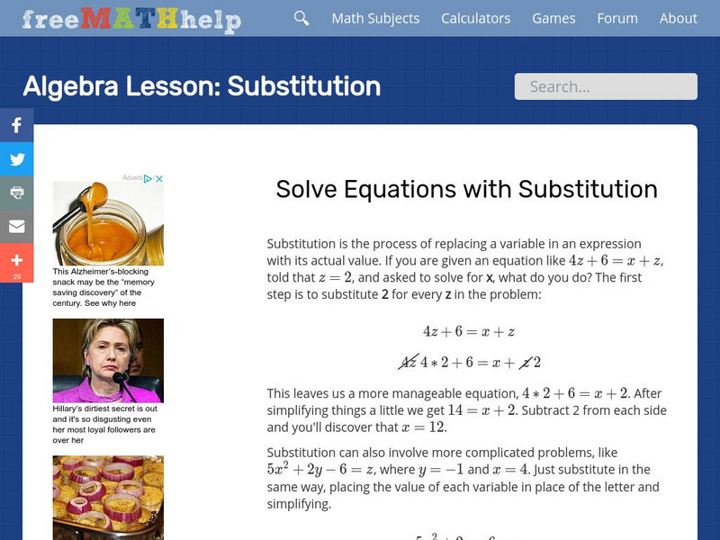 Free Math Help: Substitution Activity Free Math Help: Substitution Activity