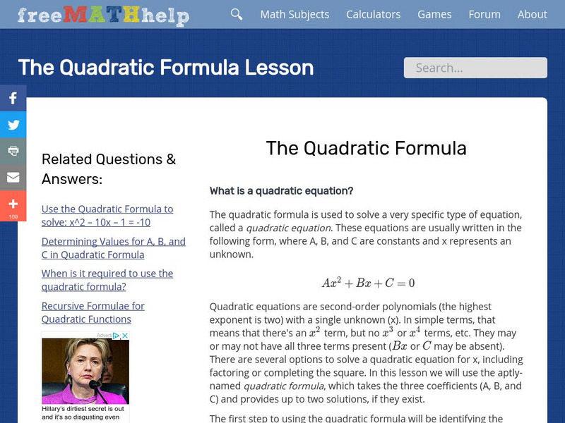 Free Math Help: The Quadratic Formula Unit Plan Free Math Help: The Quadratic Formula Unit Plan