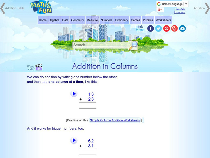 Math Is Fun: Addition in Columns Activity Math Is Fun: Addition in Columns Activity