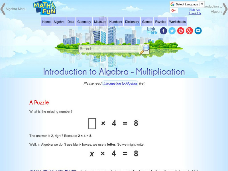 Math Is Fun: Introduction to Algebra: Multiplication Activity Math Is Fun: Introduction to Algebra: Multiplication Activity