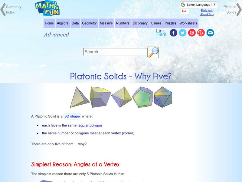 Math Is Fun: Platonic Solids: Why Five? Activity Math Is Fun: Platonic Solids: Why Five? Activity