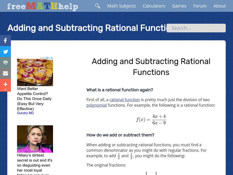 Free Math Help: Adding and Subtracting Rational Functions Handout Free Math Help: Adding and Subtracting Rational Functions Handout