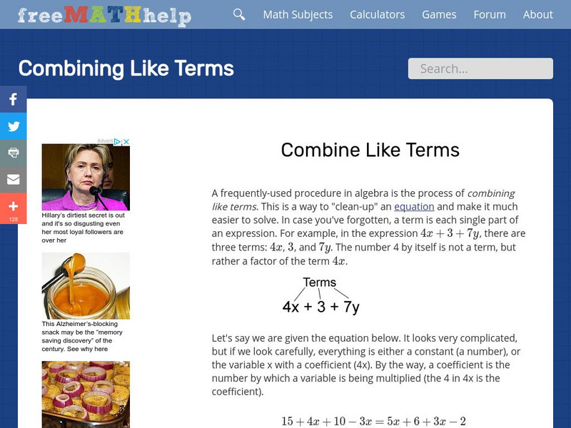 Free Math Help: Combining Like Terms Activity