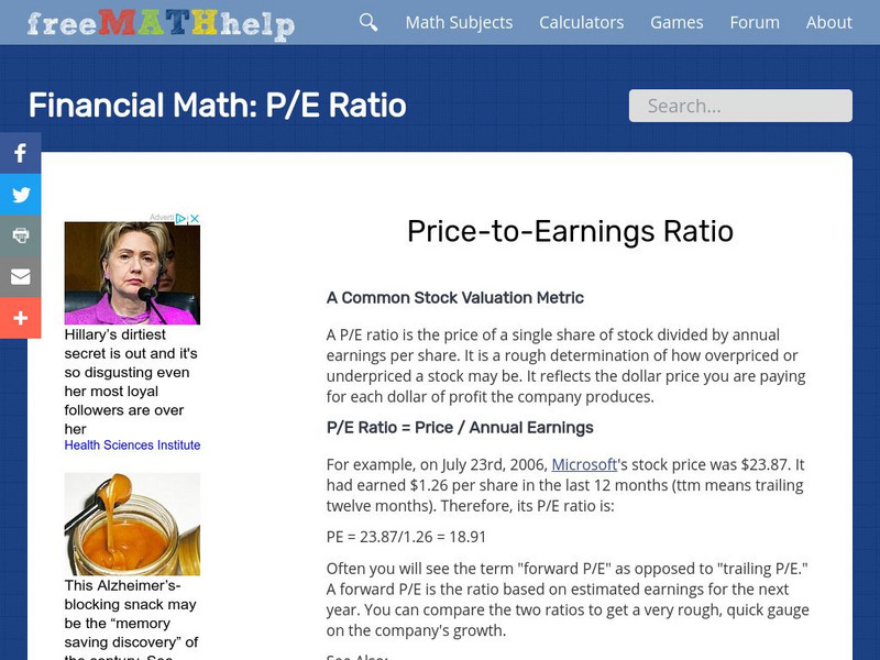 Free Math Help: Price to Earnings Ratio (P/e Ratio) Unit Plan Free Math Help: Price to Earnings Ratio (P/e Ratio) Unit Plan