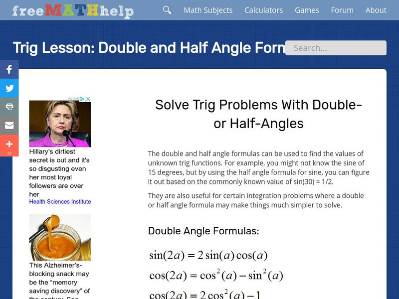 Free Math Help: Double and Half Angle Formulas Activity Free Math Help: Double and Half Angle Formulas Activity