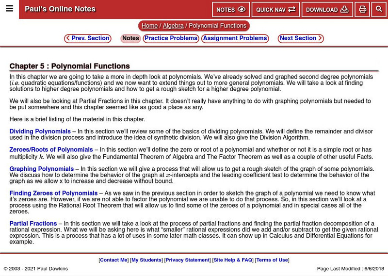 Paul's Online Notes: Algebra: Polynomial Functions Activity Paul's Online Notes: Algebra: Polynomial Functions Activity