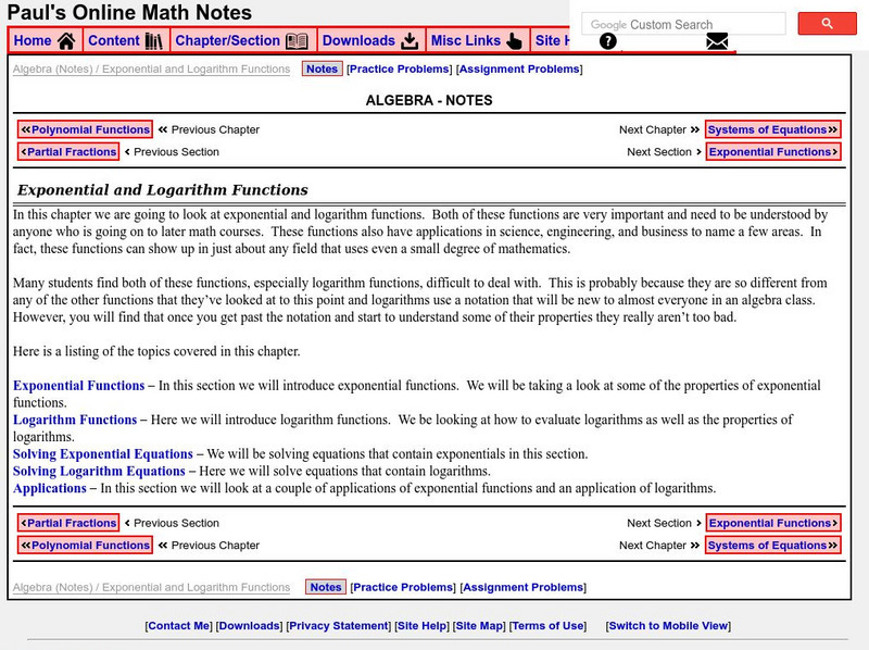 Paul's Online Notes: Algebra: Exponential and Logarithm Functions Activity