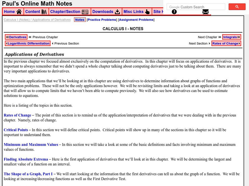 Paul's Online Notes: Calculus I: Applications of Derivatives Activity Paul's Online Notes: Calculus I: Applications of Derivatives Activity