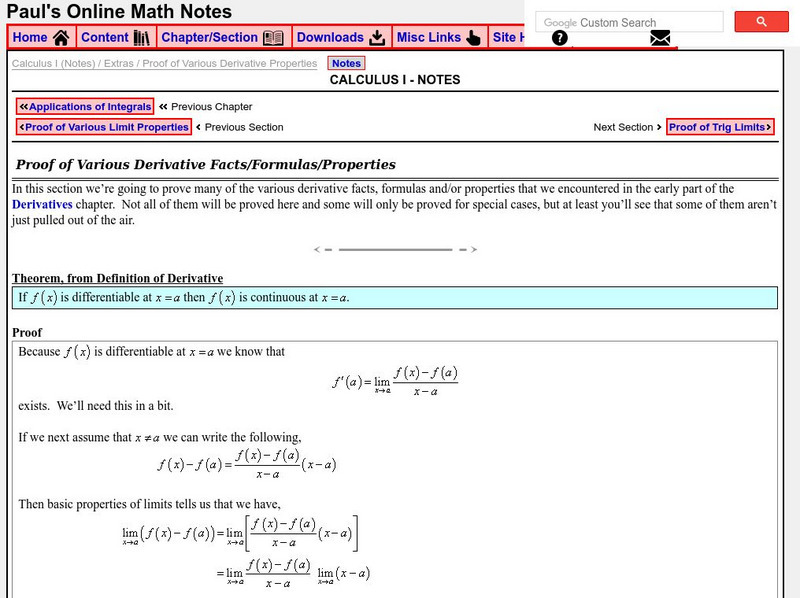 Paul's Online Notes: Calculus I: Proof of Various Derivative Properties Activity Paul's Online Notes: Calculus I: Proof of Various Derivative Properties Activity