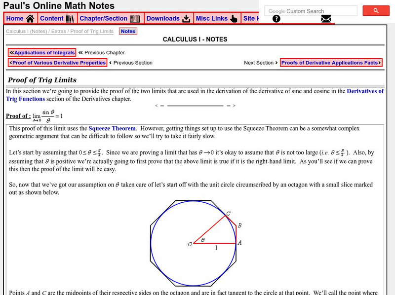 Paul's Online Notes: Calculus I: Proof of Trig Limits Activity