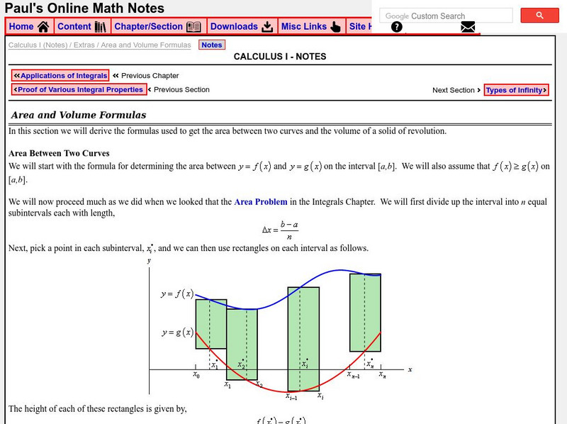 Paul's Online Notes: Calculus I: Area and Volume Formulas Handout Paul's Online Notes: Calculus I: Area and Volume Formulas Handout