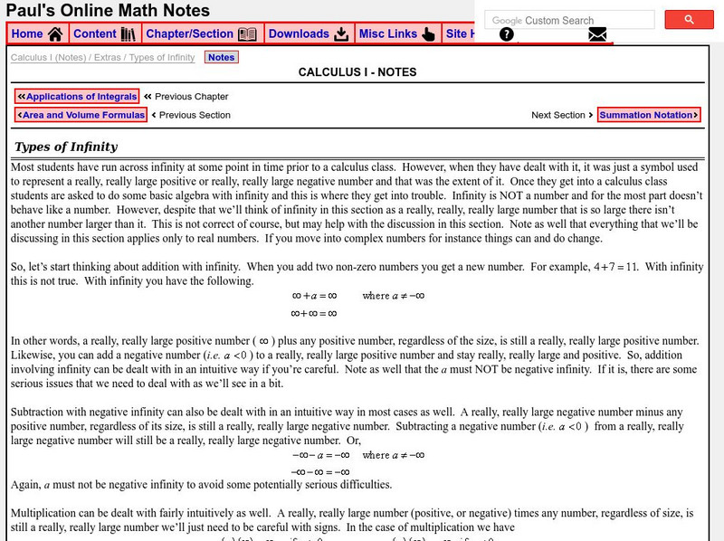 Paul's Online Notes: Calculus I: Types of Infinity Website Paul's Online Notes: Calculus I: Types of Infinity Website