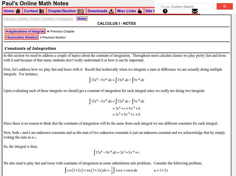 Paul's Online Notes: Calculus I: Constants of Integration Activity