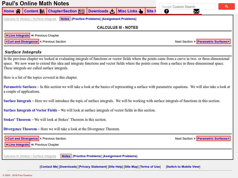Paul's Online Notes: Calculus Iii: Surface Integrals Activity Paul's Online Notes: Calculus Iii: Surface Integrals Activity