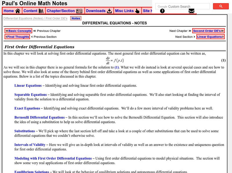 Paul's Online Notes: Differential Equations: First Order Differential Equations Activity Paul's Online Notes: Differential Equations: First Order Differential Equations Activity