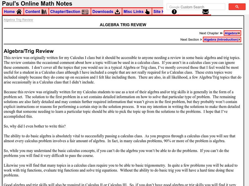 Paul's Online Notes: Algebra & Trig Review Activity Paul's Online Notes: Algebra & Trig Review Activity
