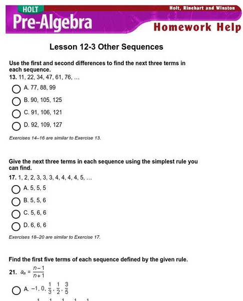 Holt, Rinehart and Winston: Homework Help Independent Practice: Other Sequences eBook Holt, Rinehart and Winston: Homework Help Independent Practice: Other Sequences eBook