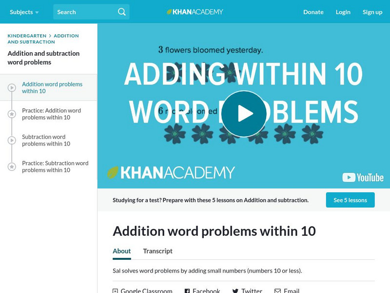 Khan Academy: Addition Word Problems Within 10 Instructional Video