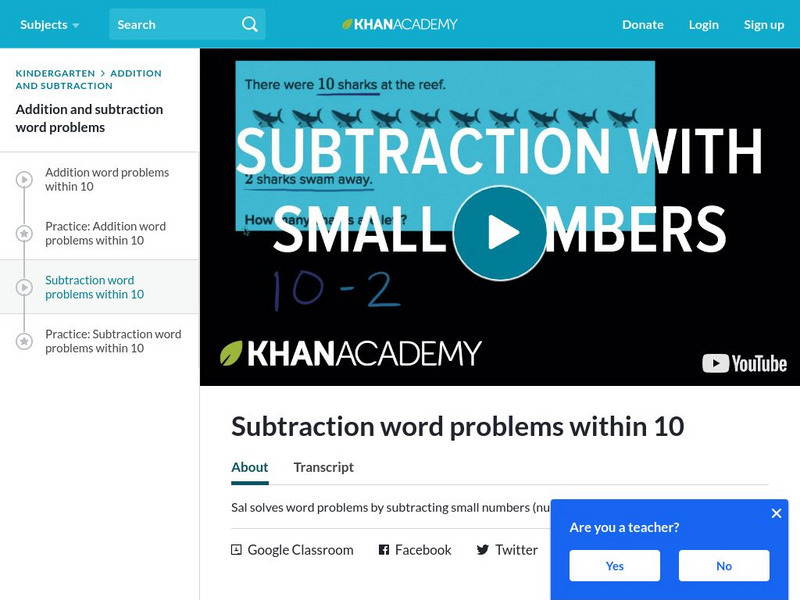 Khan Academy: Subtraction Word Problems Within 10 Instructional Video