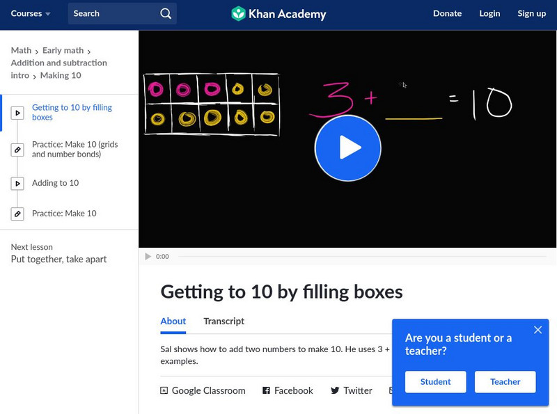 Khan Academy: Getting to 10 by Filling Boxes Instructional Video