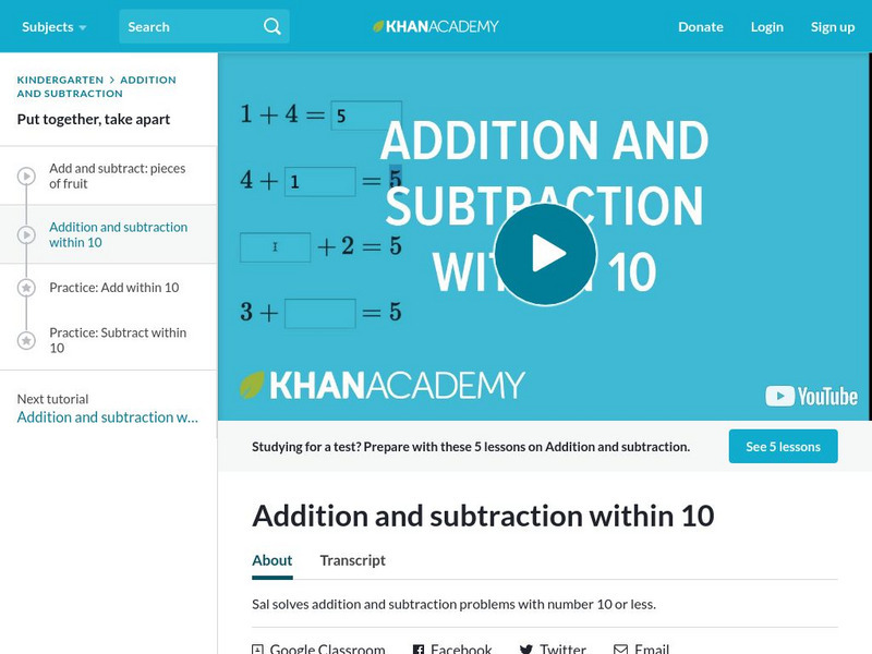 Khan Academy: Addition and Subtraction Within 10 Instructional Video Khan Academy: Addition and Subtraction Within 10 Instructional Video
