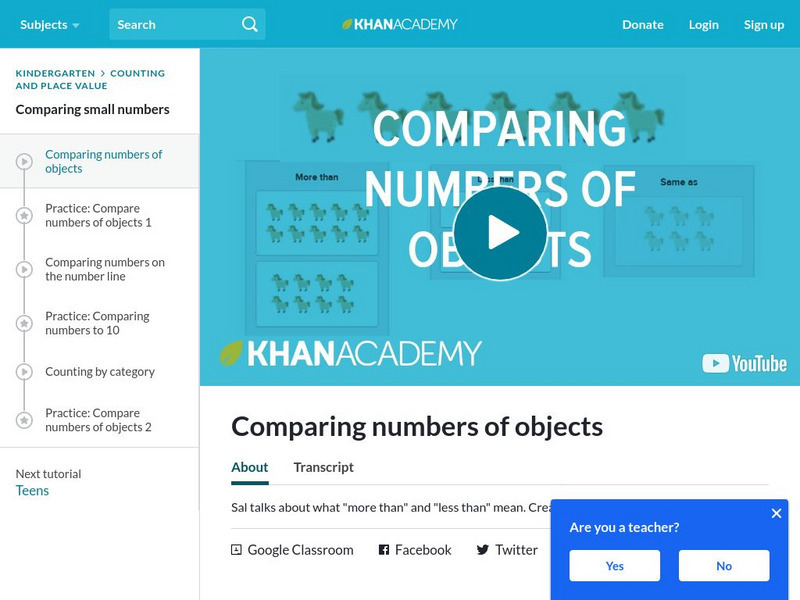 Khan Academy: Comparing Numbers of Objects Instructional Video