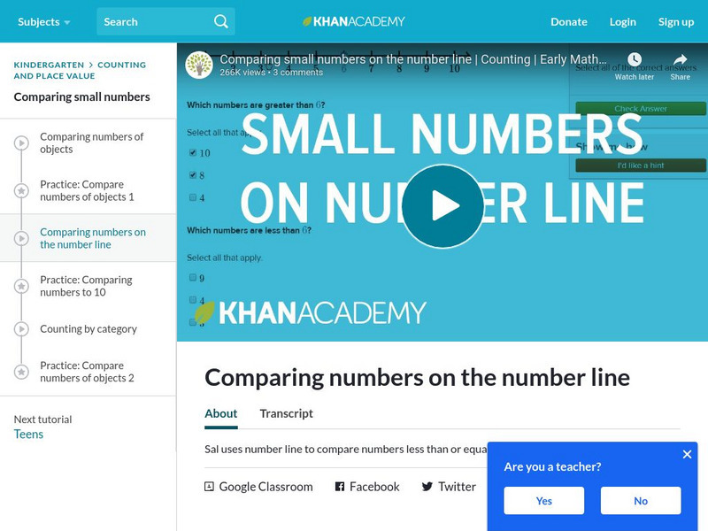 Khan Academy: Comparing Numbers on the Number Line Instructional Video Khan Academy: Comparing Numbers on the Number Line Instructional Video