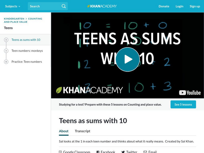 Khan Academy: Teens as Sums With 10 Instructional Video Khan Academy: Teens as Sums With 10 Instructional Video