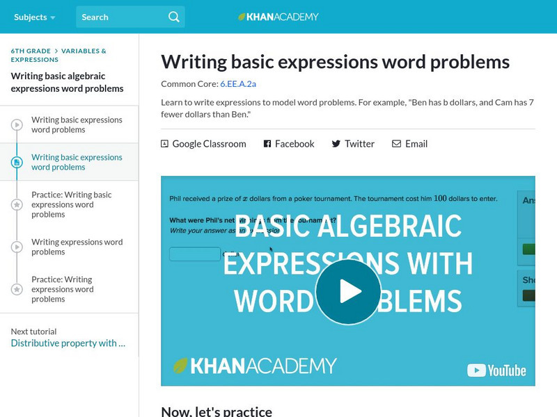 Khan Academy: Review: Writing Basic Expressions Word Problems Interactive Khan Academy: Review: Writing Basic Expressions Word Problems Interactive