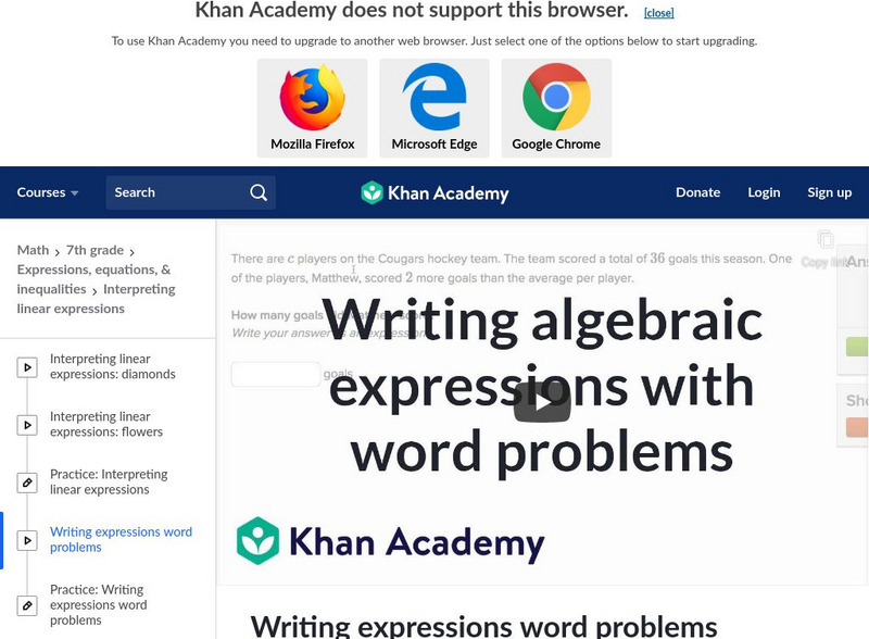 Khan Academy: Writing Expressions Word Problems Instructional Video