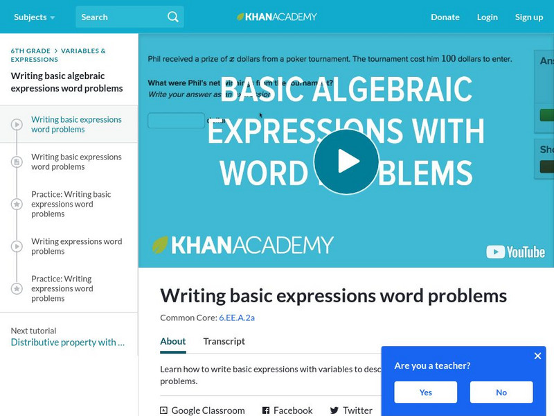 Khan Academy: Writing Basic Expressions Word Problems Instructional Video Khan Academy: Writing Basic Expressions Word Problems Instructional Video