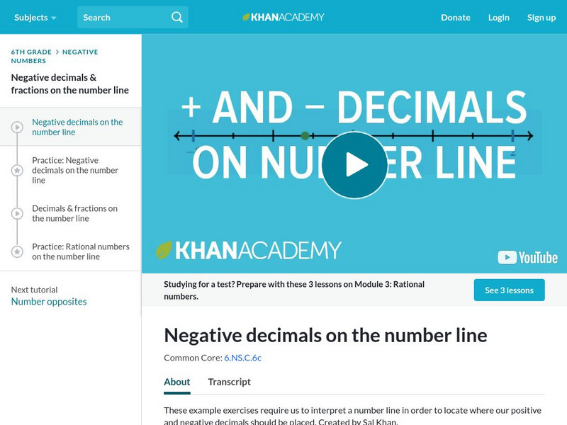 Khan Academy: Negative Decimals on the Number Line Instructional Video Khan Academy: Negative Decimals on the Number Line Instructional Video