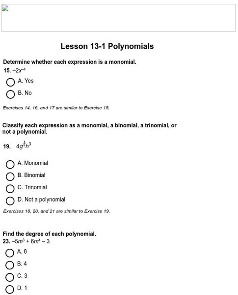 Holt, Rinehart and Winston: Homework Help Independent Practice: Polynomials Unknown Type Holt, Rinehart and Winston: Homework Help Independent Practice: Polynomials Unknown Type