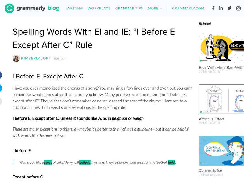 Grammarly Blog: Spelling Words With Ei and Ie Handout Grammarly Blog: Spelling Words With Ei and Ie Handout
