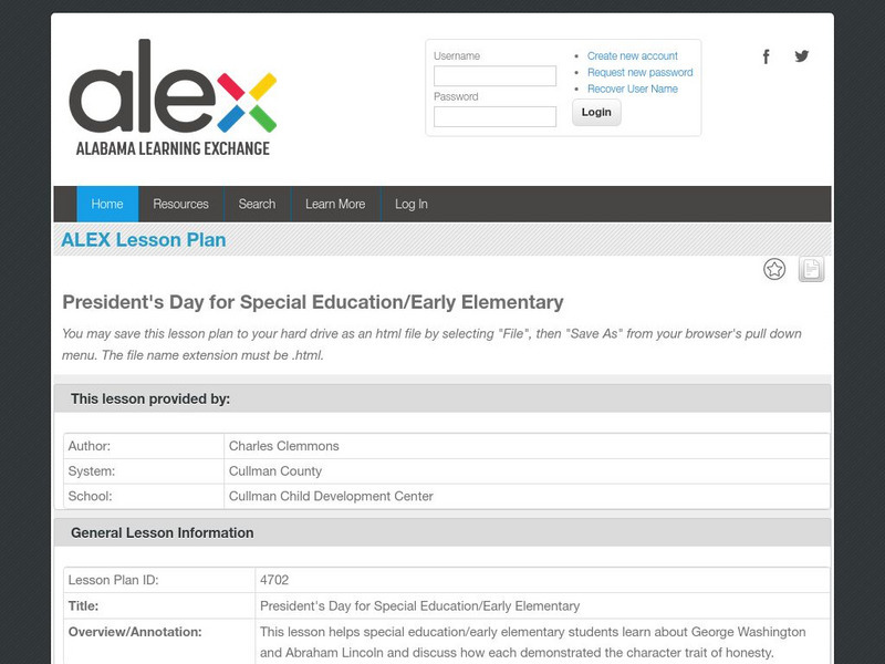 Alex: President's Day for Early Elementary Lesson Plan Alex: President's Day for Early Elementary Lesson Plan