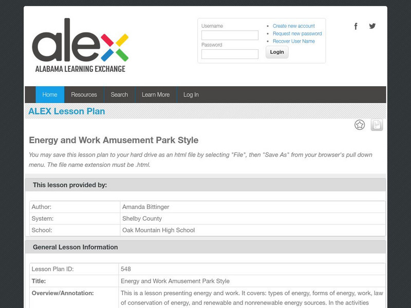 Alex: Energy and Work Amusement Park Style Lesson Plan Alex: Energy and Work Amusement Park Style Lesson Plan