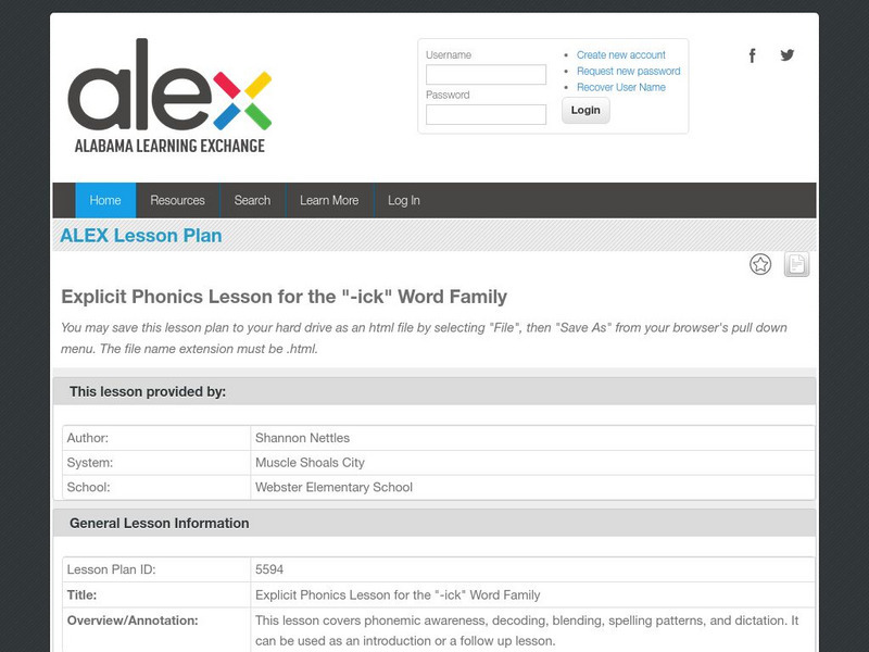 Alex: Explicit Phonics Lesson for the " Ick" Word Family Lesson Plan
