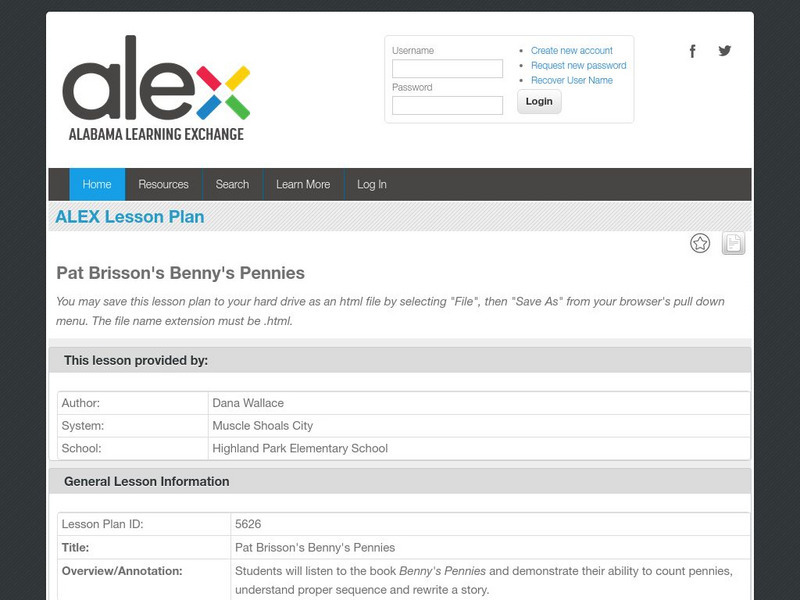 Alex: Pat Brisson's Benny's Pennies Lesson Plan Alex: Pat Brisson's Benny's Pennies Lesson Plan