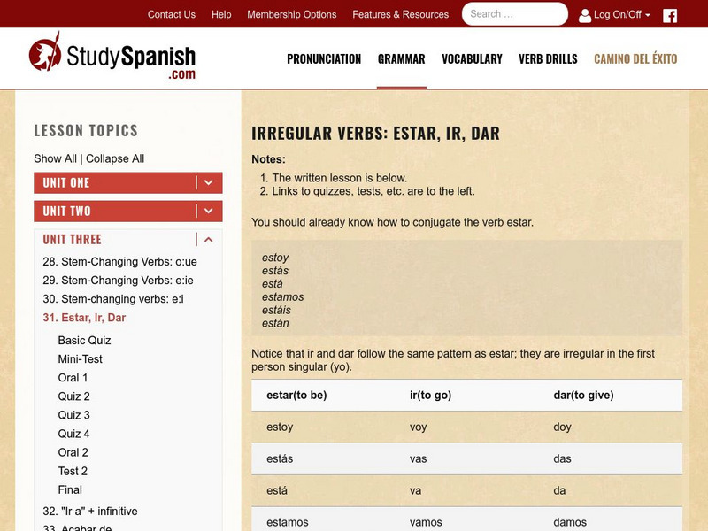 Study Spanish: Irregular Verbs: Estar, Ir, Dar Unit Plan Study Spanish: Irregular Verbs: Estar, Ir, Dar Unit Plan
