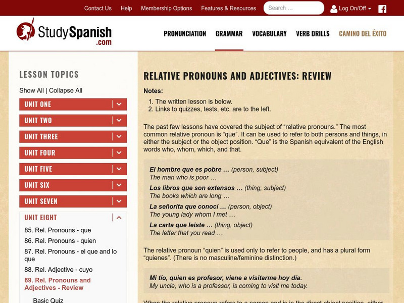 Study Spanish: Relative Pronouns and Adjectives: Review Unit Plan Study Spanish: Relative Pronouns and Adjectives: Review Unit Plan
