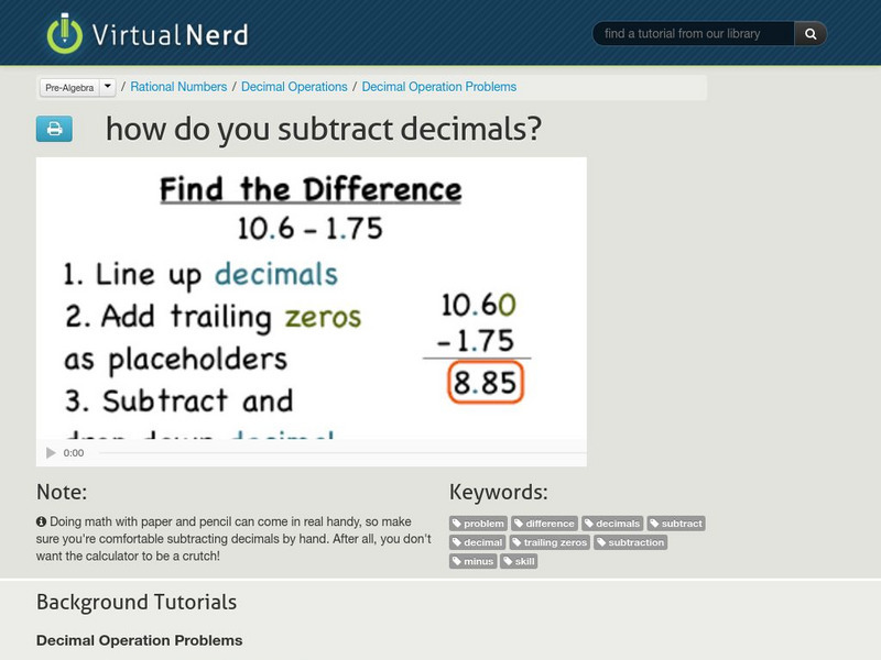 Virtual Nerd: How Do You Subtract Decimals? Instructional Video