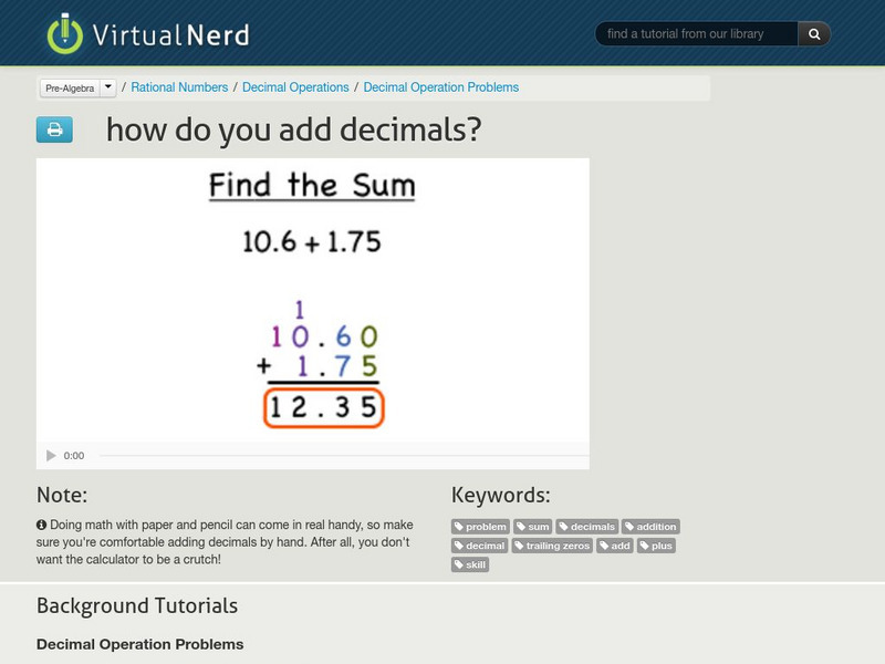 Virtual Nerd: How Do You Add Decimals? Instructional Video