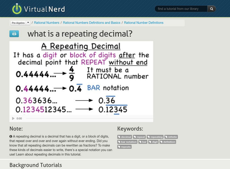 Virtual Nerd: What Is a Repeating Decimal? Instructional Video Virtual Nerd: What Is a Repeating Decimal? Instructional Video